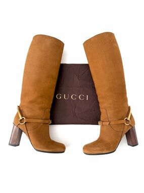 GUCCI | Vintage Brown Nubuck Horsebit Knee High Heel Boots Size 37
